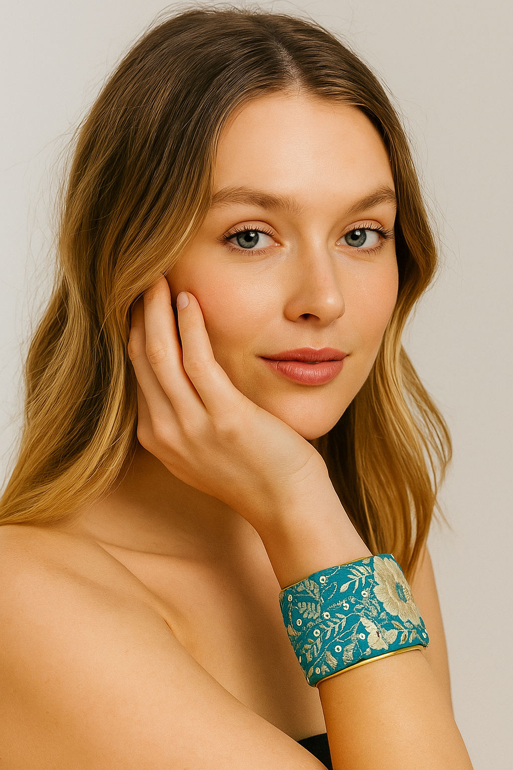 Casper Floral Embroidered Cuff Bracelet – Teal Vintage Fabric with Ivory Vinework & Sequins