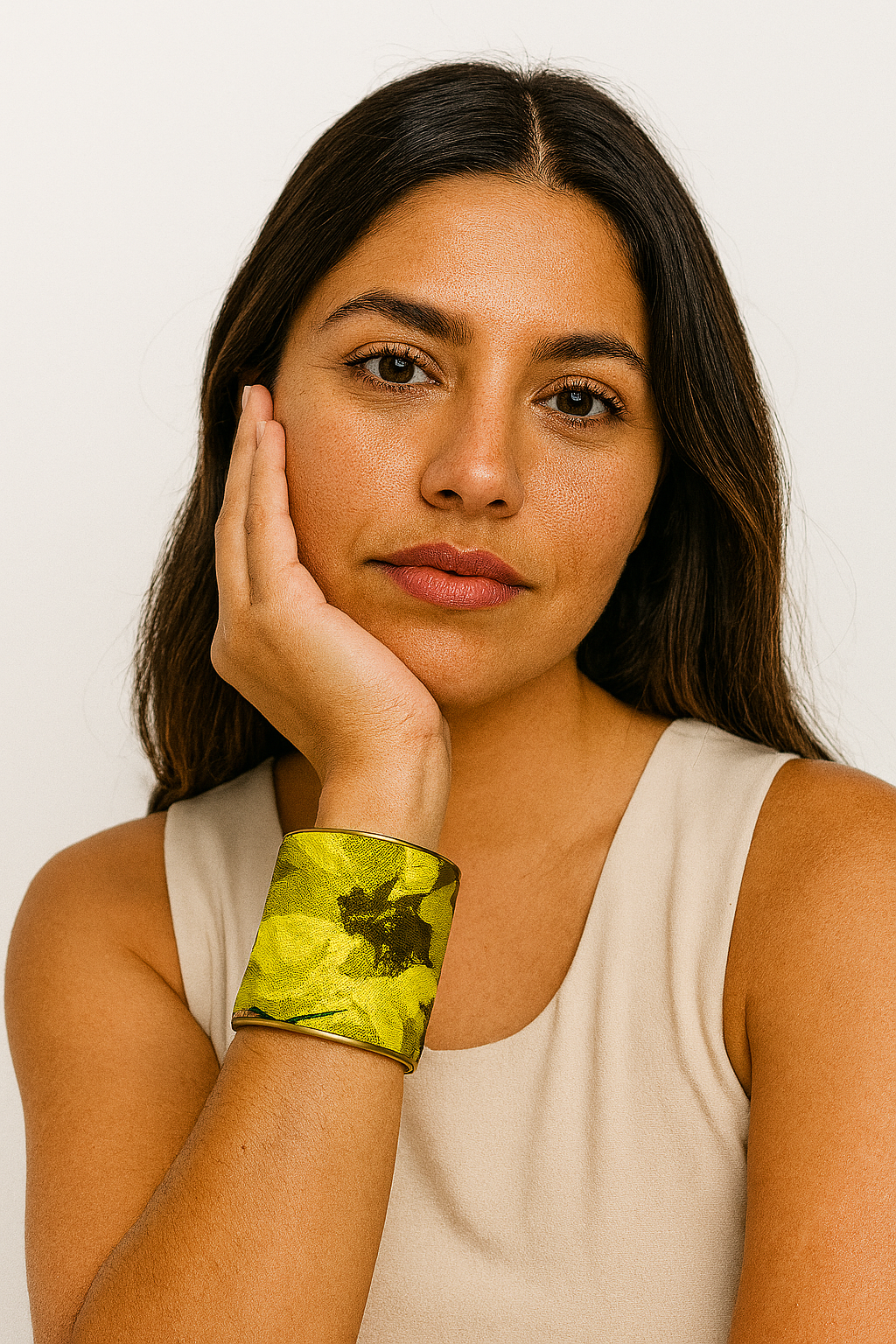 Khalid Custom Stamped Cuff Bracelet – Chartreuse Floral & Gold Leaf Fabric on Brass (1", 2", 3")