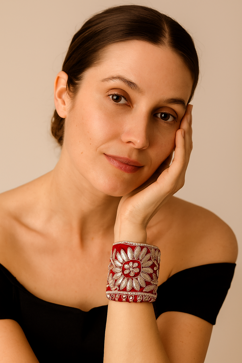 Gibson- Customizable Silver and Red Velvet Beaded Cuff Bracelet