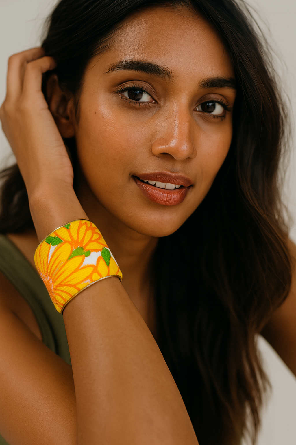 Helen Floral Cuff Bracelet – Retro Yellow & Orange Flower Print on Brass (2", 3")