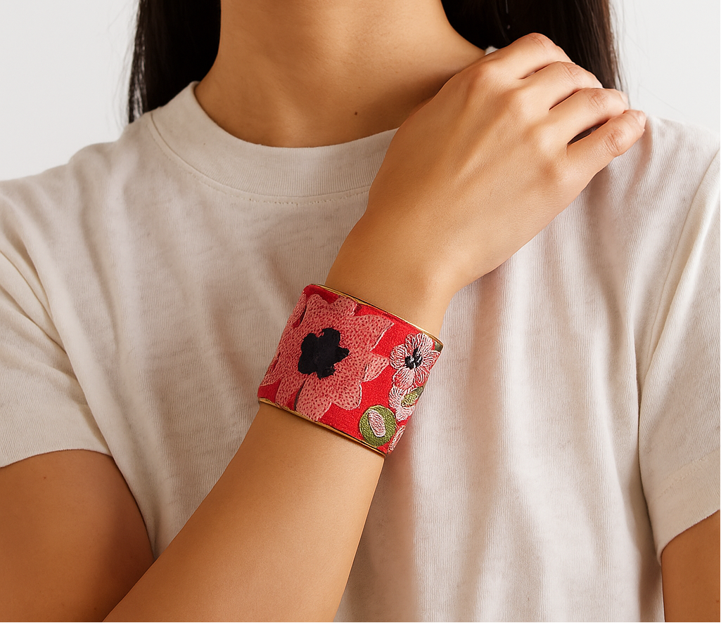 Avalon Vibrant Pink Floral Cuff Bracelet – Red Vintage Fabric with Sequin Embroidery