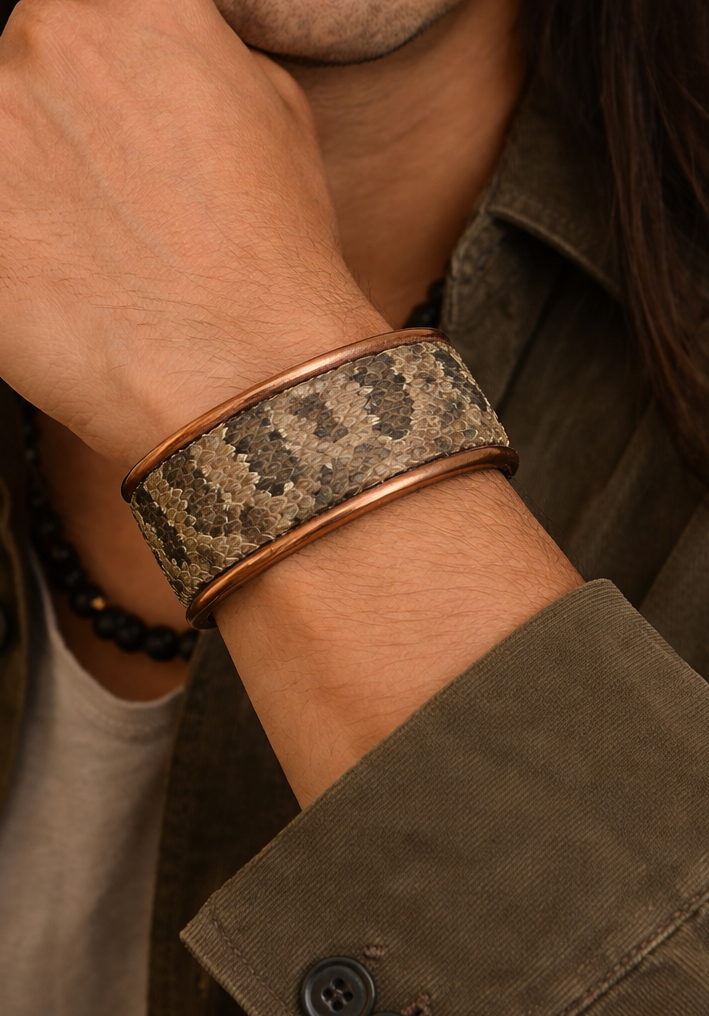 Close-up of a model wearing the men’s 1-inch prairie rattlesnake skin cuff bracelet, featuring natural tan and charcoal rattlesnake scale pattern with organic striping, set within warm copper-toned brass edges that emphasize the rugged texture and handcrafted leather detail, handcrafted in Shreveport, LA by Redd Dott Jewelry.