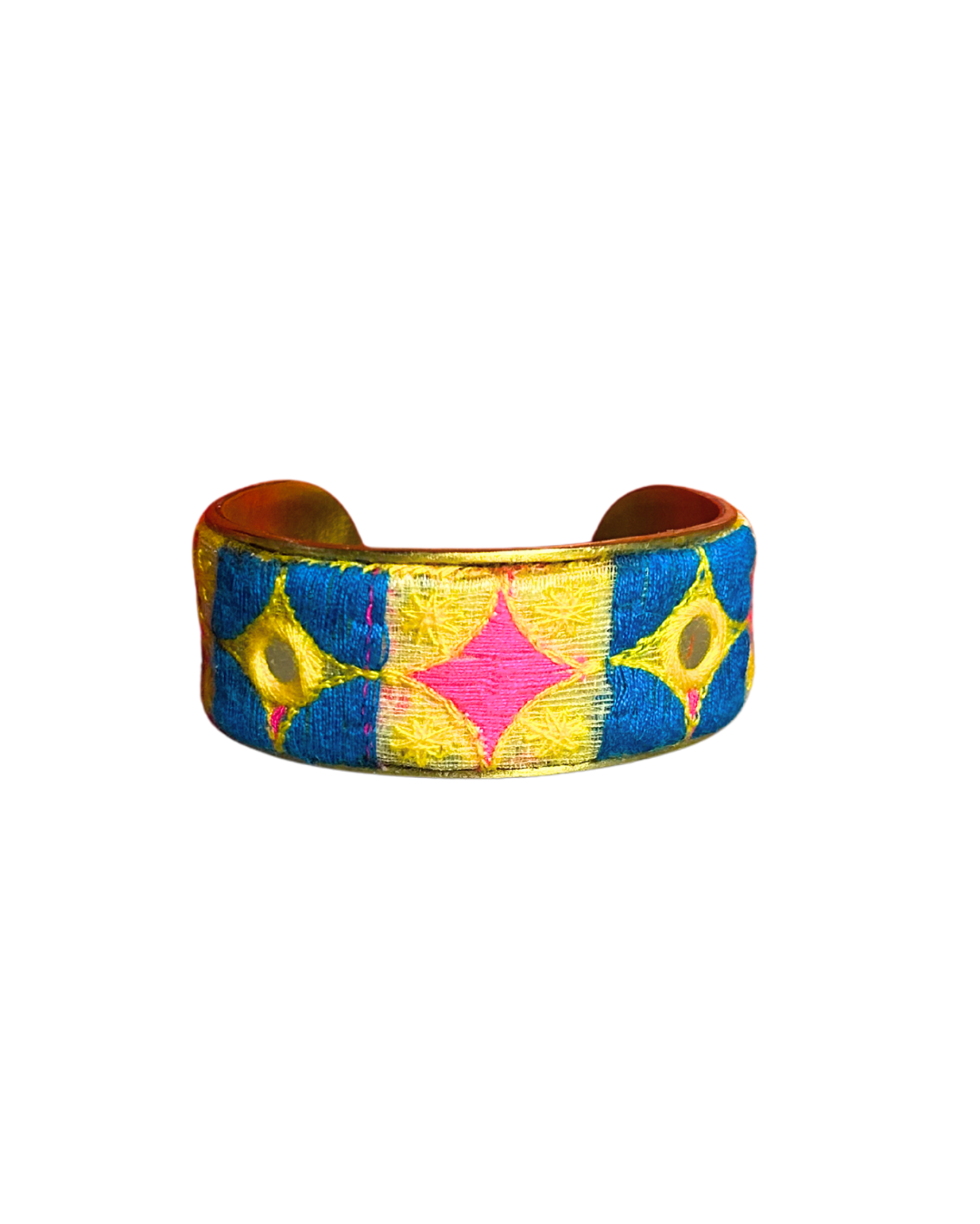 Bright embroidered statement cuff bracelet featuring hot pink, yellow, and blue diamond shapes. Handmade by Redd Dott Jewelry in Shreveport, LA. One of a kind jewelry with bold energy.