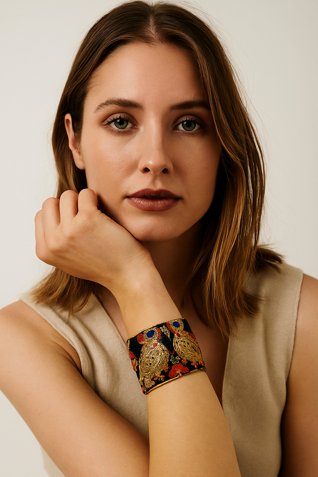 A female model wearing a one of a kind jewelry brass cuff bracelet for women—a 2-inch wide open-back design wrapped in black fabric with intricate gold embroidery and red-and-blue sequin floral motifs, showcased on her wrist.