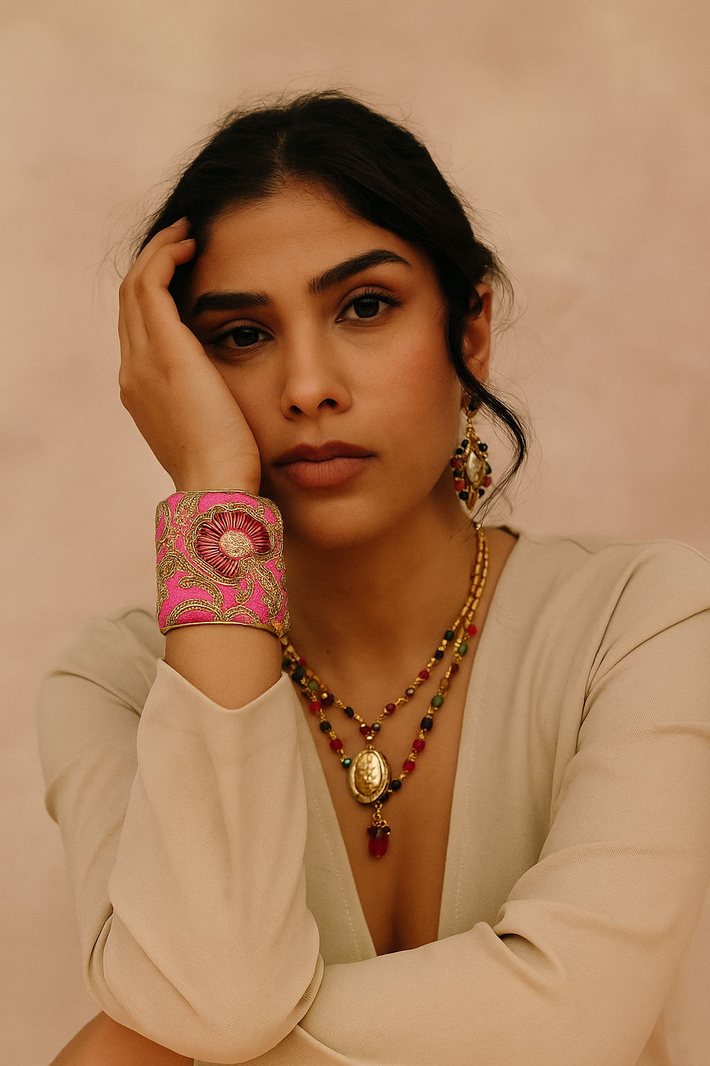 A female model rests her hand against her face, wearing the Be My Valentine brass cuff bracelet on her wrist; the fuchsia-pink and gold floral embroidery pops against her neutral blouse, exemplifying this piece of inspirational jewelry.