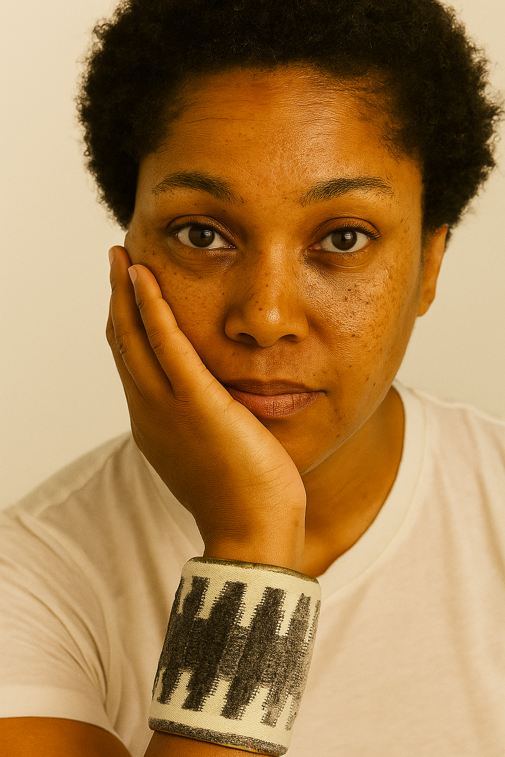 A woman with short natural hair wears the Cadilyn cuff bracelet with a relaxed, thoughtful expression. The bold monochrome pattern stands out on her wrist against a white t-shirt.