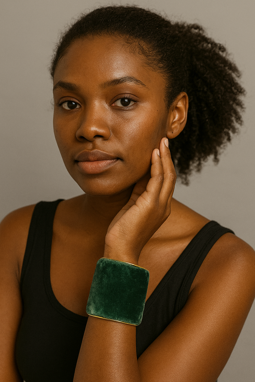 A woman wearing a 2-inch wide forest green velvet brass cuff bracelet on her wrist. She is posed with a serene expression, highlighting the cuff's smooth texture and elegant simplicity.