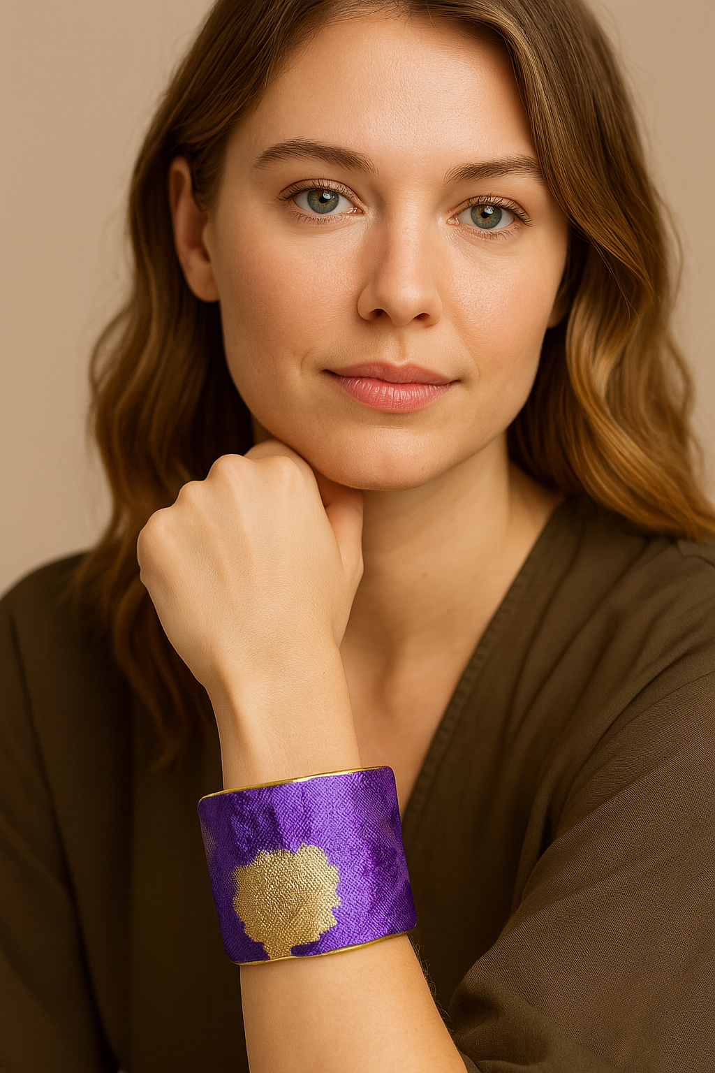Close-up of a female model’s wrist wearing a purple and gold fabric-wrapped 2-inch brass cuff bracelet; the open-back ends are visible as she rests her chin on her hand.