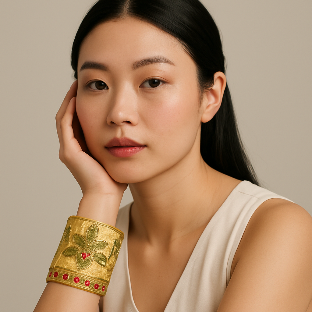 model wearing A handcrafted brass cuff bracelet wrapped in soft floral print fabric featuring rose pink, champagne gold, and ivory tones. The bracelet rests on a neutral surface, its open-back design visible for an adjustable fit.