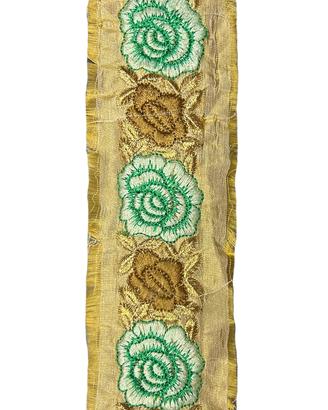 The Perry custom cuff bracelet fabric features embroidered mint green and gold roses on a silky golden base—ideal for a luxury flower bracelet with a custom stamped brass interior.