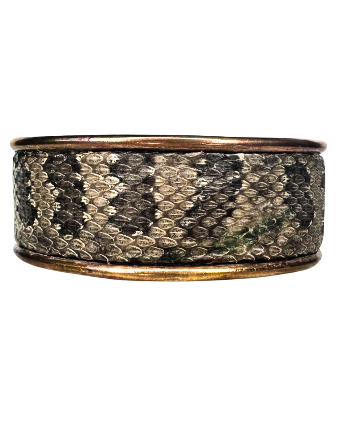 A handcrafted Redd Dott Jewelry cuff made from genuine Prairie Rattlesnake skin, showcasing its distinctive scales and natural patterns. This nature-inspired jewelry piece is a bold and elegant expression of wild beauty.