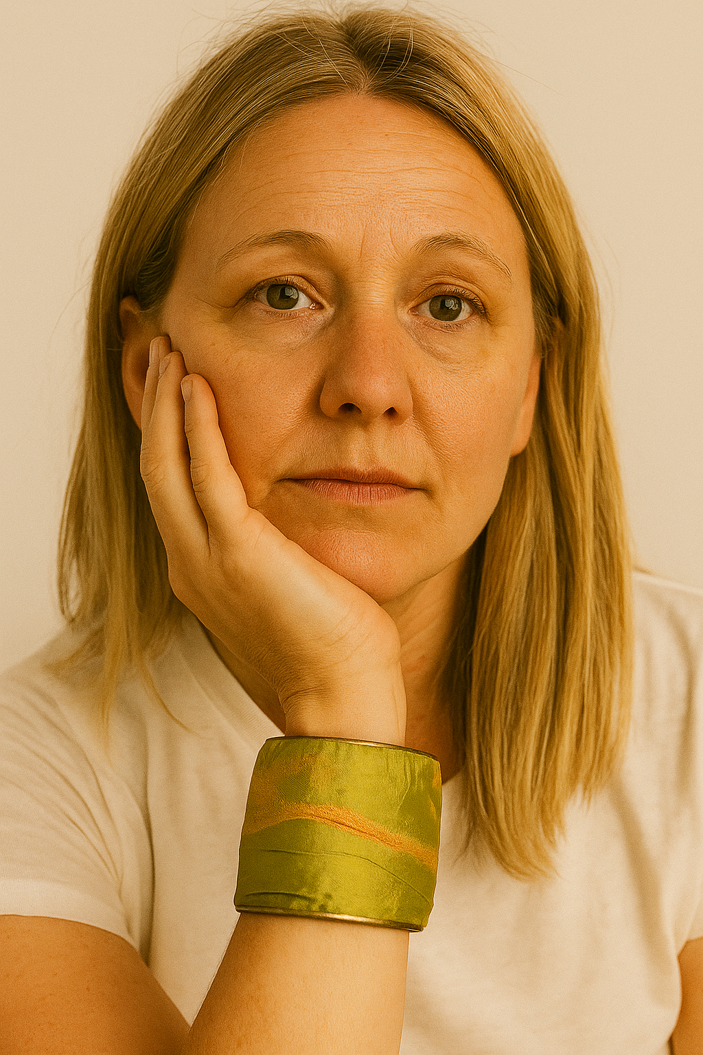 A white woman wearing a 2-inch brass cuff bracelet wrapped in chartreuse silk with soft gold embroidery. Her relaxed pose highlights the bracelet’s gentle shine and botanical warmth.