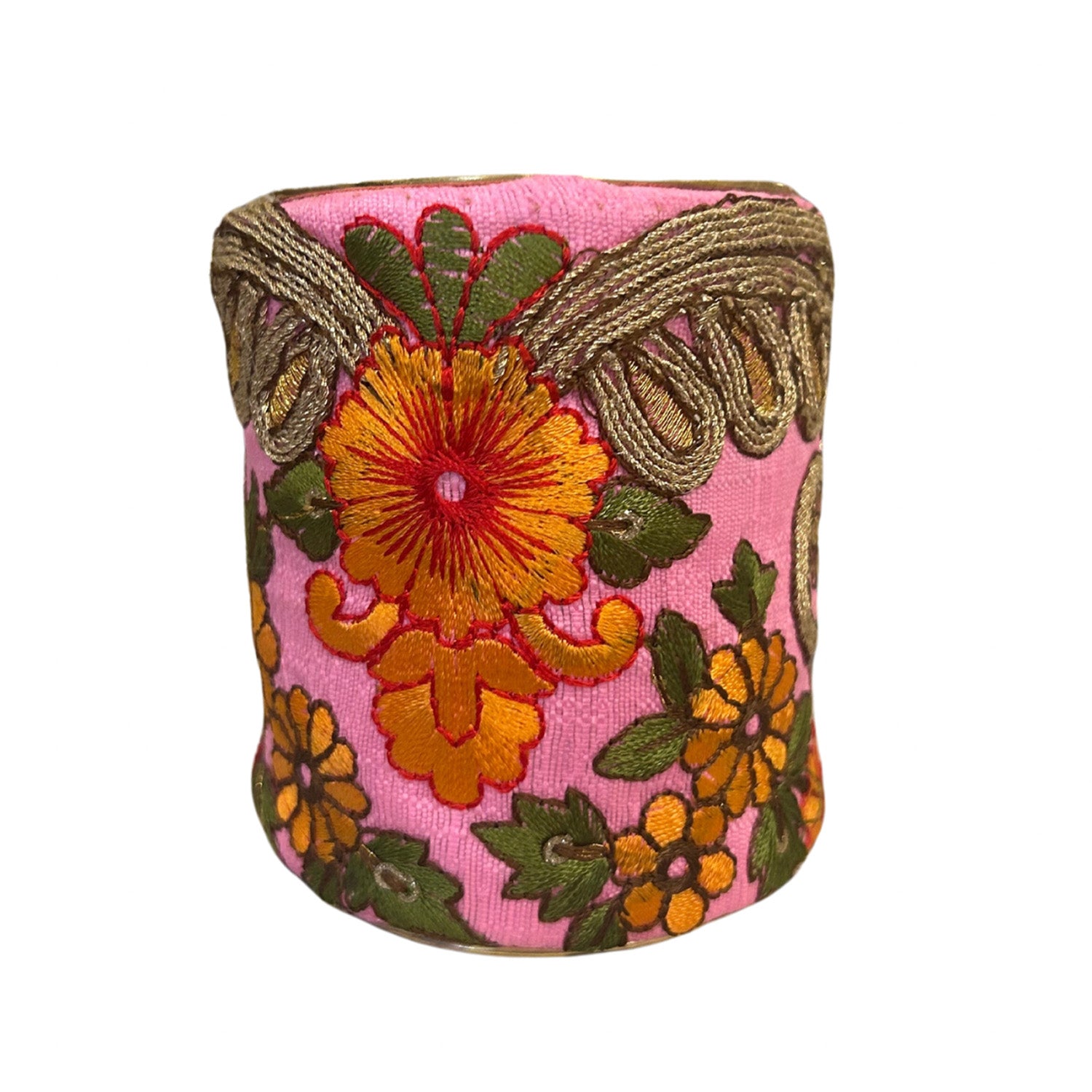 Front view of Angelina Brass Cuff Bracelet showing detailed pink and orange floral embroidery on brass, handcrafted in Shreveport, LA by Redd Dott Jewelry.